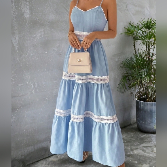Romantic Wedding Lace Splice Color Block A-Line Maxi Cami Dress - Picture 4 of 5